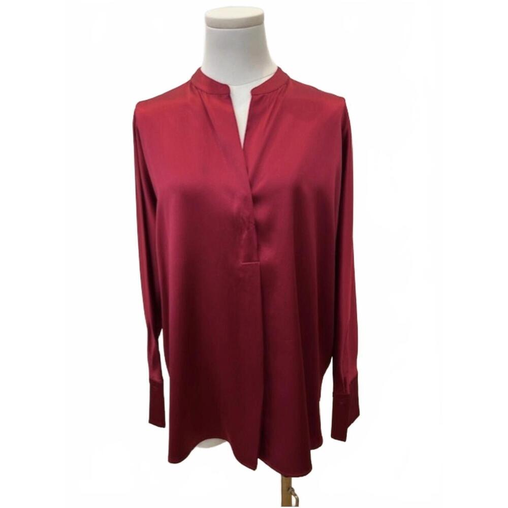 NEW DIOMI women's classic band collar blouse in red garnet
